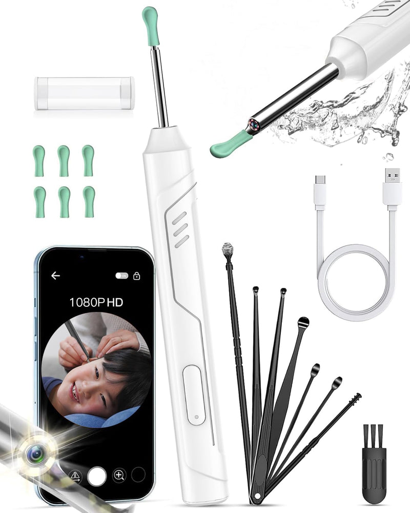 Ear Wax Removal, 1080P FHD Wireless Otoscope Earwax Removal Tool, WiFi Ear Endoscope with LED Lights, 3mm Mini Visual Ear Inspection Camera Silicone Ear Pick for Adults Kids Pets (White) - BeesActive Australia