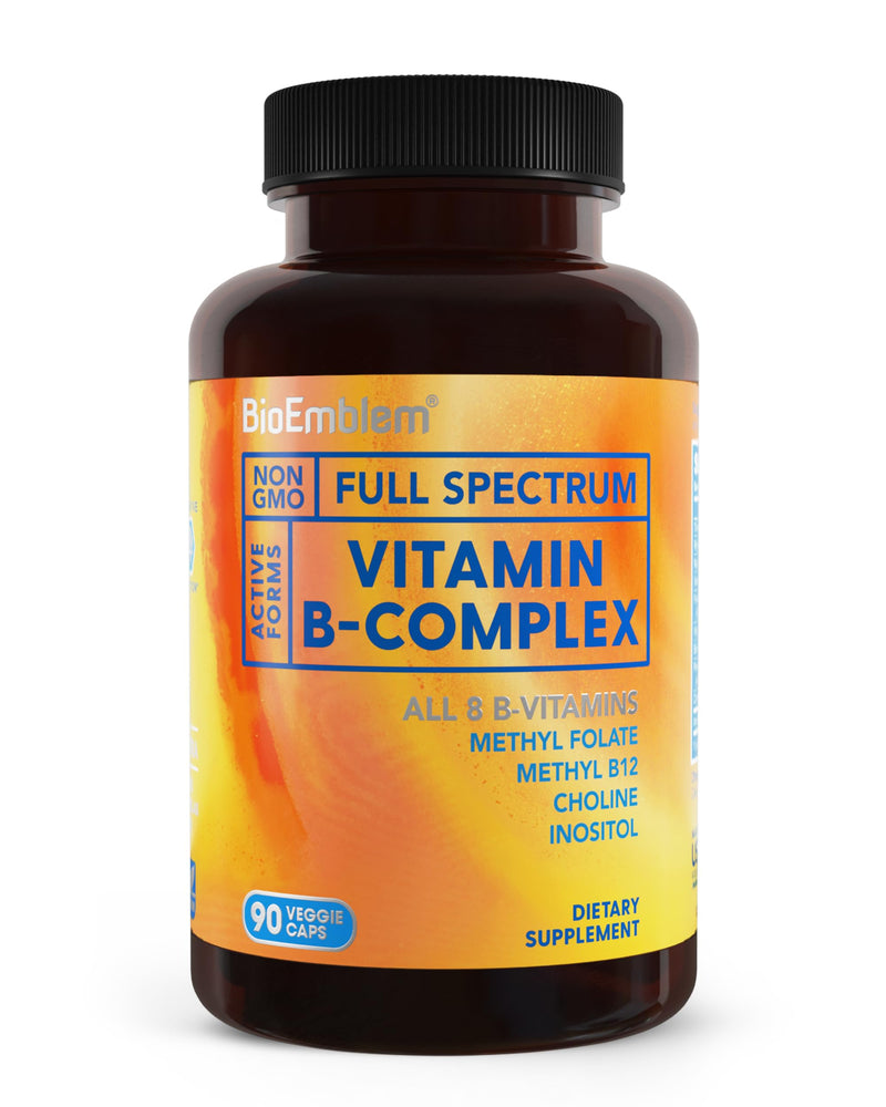 BioEmblem Vitamin B-Complex, 8 Active Forms Including Methyl, 90 Capsules | Methyl Folate, Methyl B12, B6, Biotin, Choline & Inositol - Supports Energy Metabolism, Brain, Heart & Nerves System Health 90 Capsule