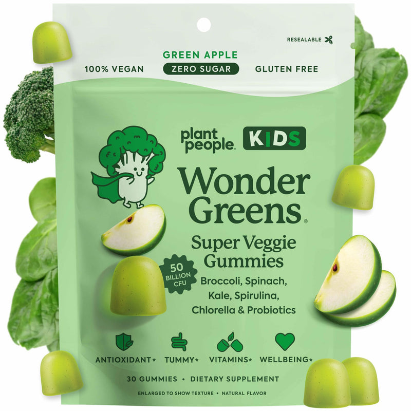 Plant People WonderGreens Kids Super Veggie Gummies, Green Apple, 30 Count | Sugar-Free Greens Gummies for Kids, Allergen-Free Multivitamin for Picky Eaters with Probiotics, Tummy & Immune Support