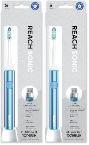 Reach Sonic USB Electric Toothbrush, Soft, Includes Toothbrush Handle, Brush Head, Toothbrush Cap, Travel Case and Toothbrush Stand (Pack of 2)