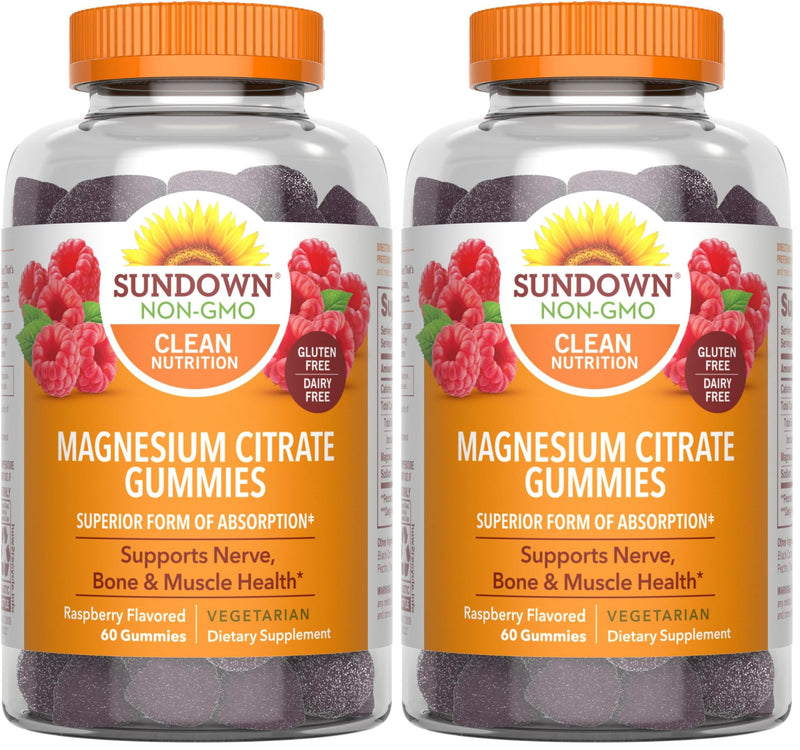 Sundown Magnesium Citrate Gummies, Supports Nerve, Bone & Muscle Health, Vegetarian, Raspberry Flavored, 60 Count (Pack of 2) 60 Count (Pack of 2)