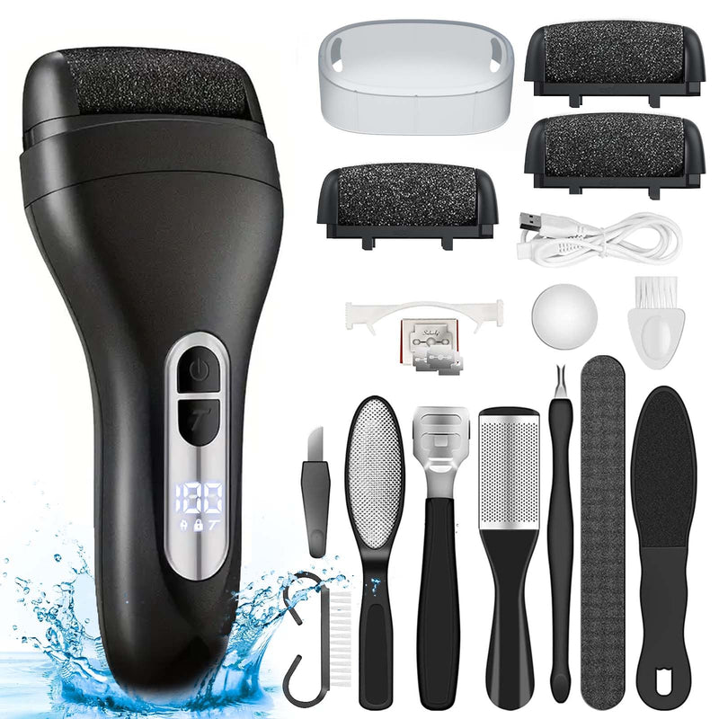 Electric Callus Remover for Feet - with Larger Grinding Head, Portable Pedicure Kit Foot File Callus Remover, Rechargeable Waterproof Foot File for Foot Care Deadskin Remover LCD Display-Black Callus remover with 3Head - BeesActive Australia