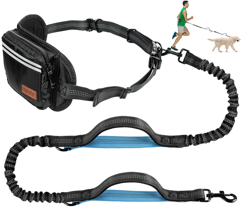 Kytely Hands Free Dog Leash with Zipper Pouch, Wide Padded Waist Dog Running Leash for Medium and Large Dogs, Dual Padded Handles, Retractable Bungee for Walking Jogging Training Hiking Black/Blue For 1 Dog