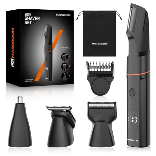 MAXGROOM Manscape Body Hair Trimmer for Men, Waterproof Pubic, Groin & Ball Shaver, No-Nick Mens Electric Grooming Kit with LED Display, USB Rechargeable, Adjustable Guide Comb Black