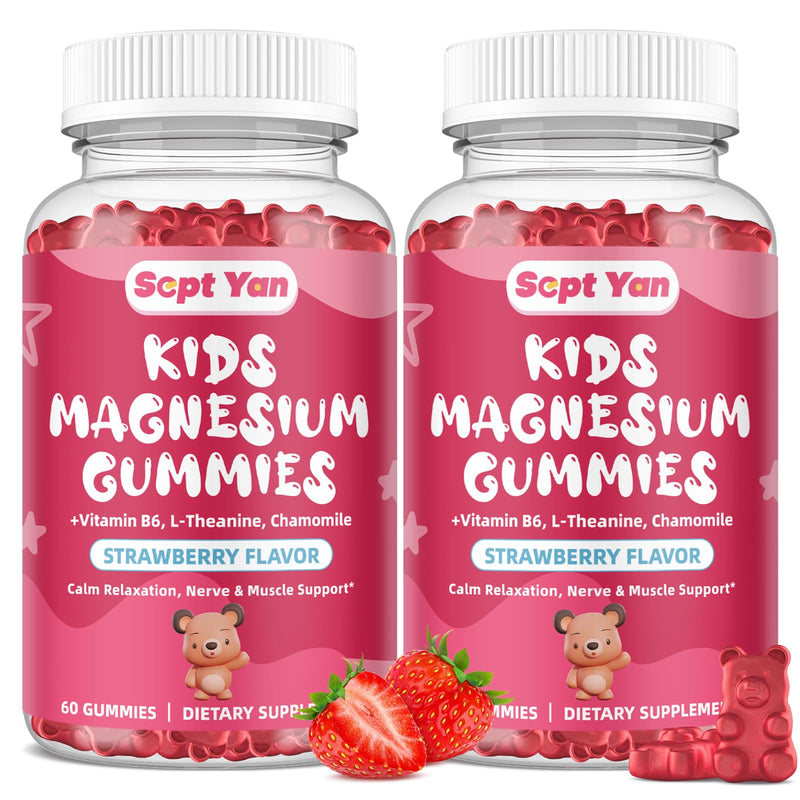 (2 Pack) Magnesium Gummies for Kids - Magnesium Citrate Supplement with Vitamin B6, L-theanine, Chamomile & Lemon Balm - Calm Magnesium for Kids & Adults Sleep, Relaxation - Strawberry,120 Gummies 120 Count (Pack of 1)