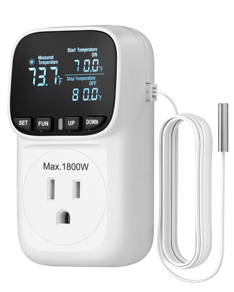 DEWENWILS Digital Temperature Controller, Heavy Duty 15A/1800W Thermostat Outlet Plug, VA Display Heating Cooling Control Timer, -40℉~210℉, Cyclic Timing/Countdown, for Greenhouse Incubator Homebrew White 1 Pack - BeesActive Australia