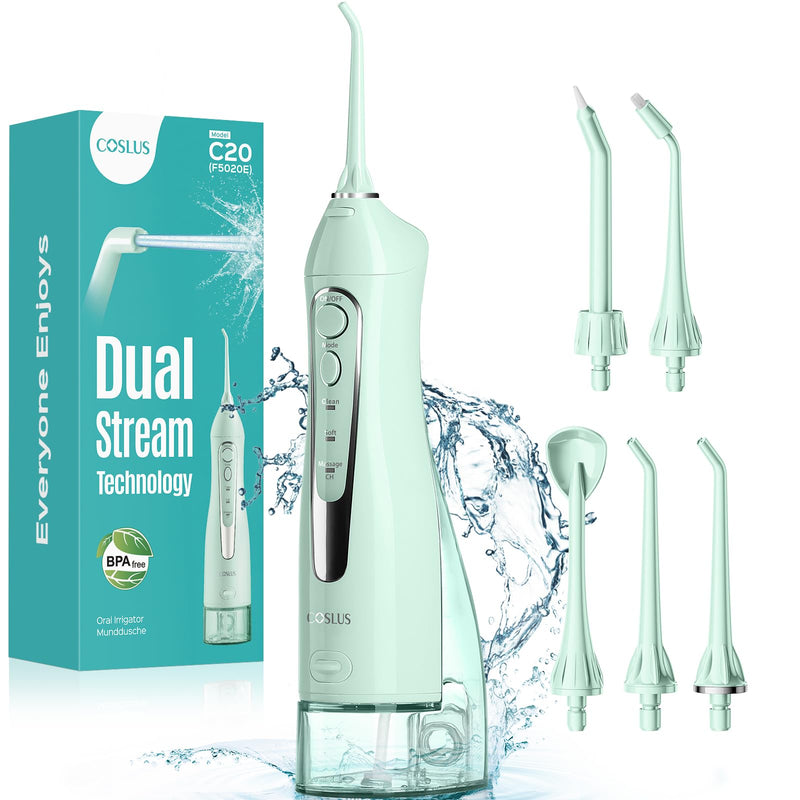 COSLUS Water Dental Flosser Teeth Pick C20(F5020E): Portable Cordless Oral Irrigator 300ML Rechargeable Travel Irrigation Cleaner IPX7 Waterproof Electric Flossing Machine for Teeth Cleaning, Green