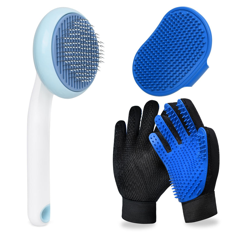 GJEASE Cat Grooming Glove Brush,Self-Cleaning Slicker Pet Brush for Short and Long Haired Pets,Dog Bath Brush for Shedding and Grooming,Removes Loose Hair and Tangles,Promote Circulation Round Flower-Blue - BeesActive Australia