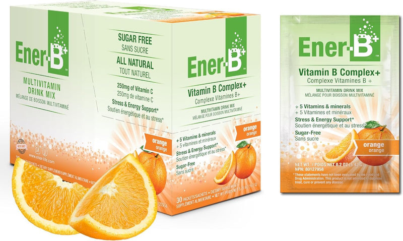 Ener-B+ Sugar Free Multivitamin Drink Mix, Vitamin B - Orange, 30 Count | Instant Vitamin Packets, Electrolyte Powder Sticks, Hydration Booster, Supplement Liquid for Men and Women 5.75 Ounce (Pack of 1)