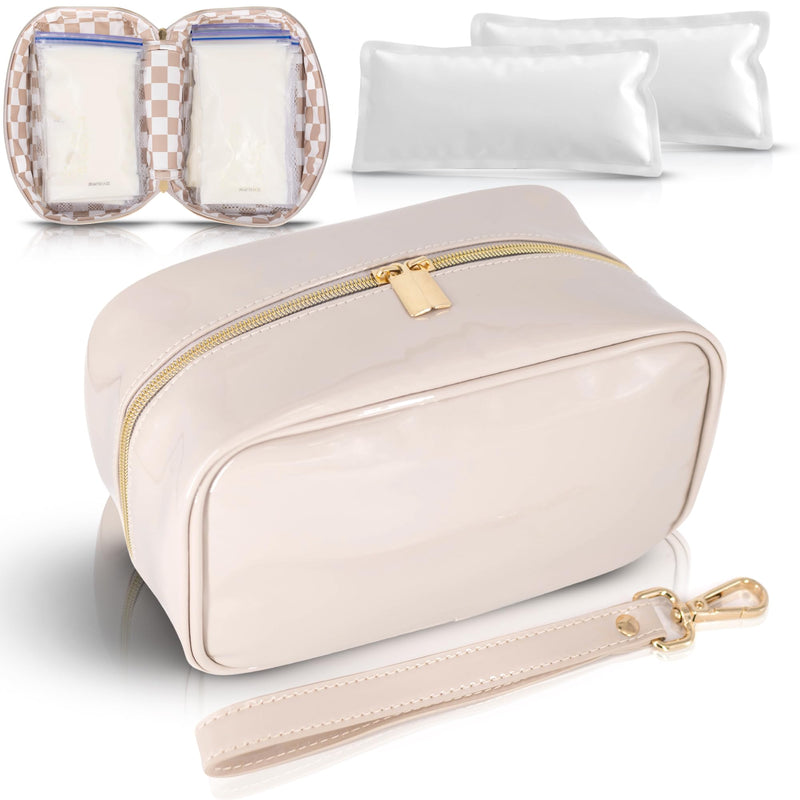Breast Milk Cooler Travel Bag - Waterproof Breastmilk Storage Bag Cooler w/Ice Pack, Checkerboard Interior, Leather Strap, & More – Versatile Insulated Cooler Bag - Ideal Baby Travel Essentials (Nude) Nude - BeesActive Australia