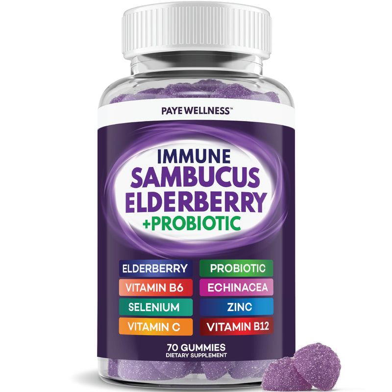 PAYÉ Elderberry Gummies, Vitamin C Immune Support Supplement + Probiotic Gut Health - Sambucus, Echinacea, Vitamin B, Zinc, Selenium, 70 Gummies for Adults and Kids 70 Gummies (Pack of 1)