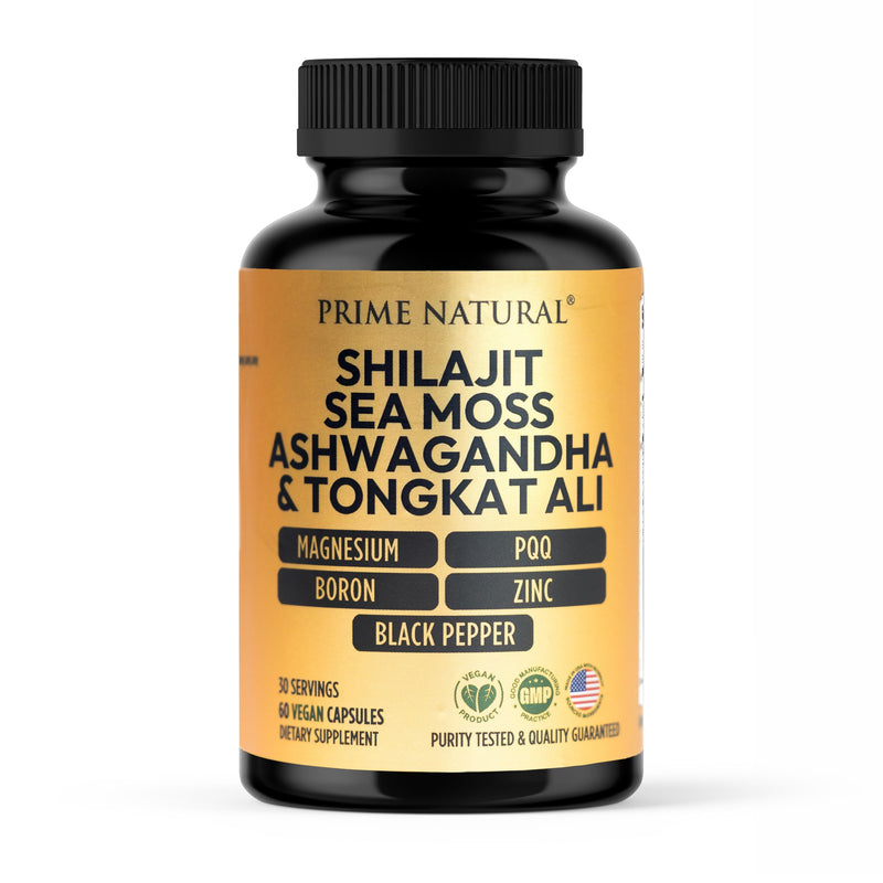 Shilajit 10,000mg, Irish Sea Moss 2000mg, Ashwagandha 3000mg, Tongkat Ali 30,000mg, Boron, Magnesium, PQQ & More | 60 Capsules - 30 Days Supply| Fulvic Acid Veg Capsules| Vegan| Gluten Free | Non-GMO - BeesActive Australia