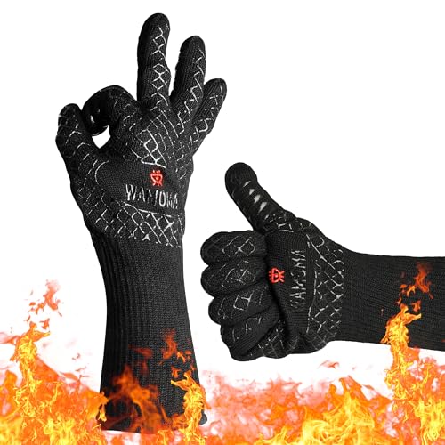 Long Heat Resistant BBQ Gloves - 1472°F Heat Proof Internal Cotton Lining, Non-Slip Silicone Grilling Gloves for Meat Handling, Barbeque, Cooking, XL Oven Gloves with Long Sleeve X-Large