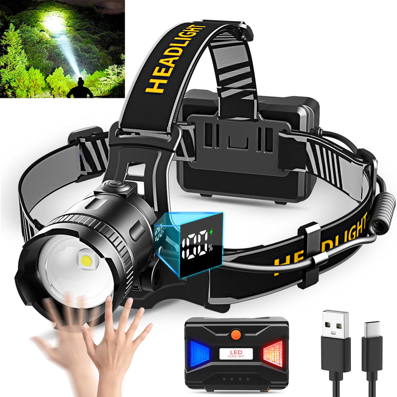 LED Headlamp High Lumens with Motion Sensor Super Bright, 3 Lighting Modes, Digital Display, Rechargeable, Waterproof Head Lamp, 90° Adjustable for Camping, Hiking, Fishing, Running Outdoor (1) 1