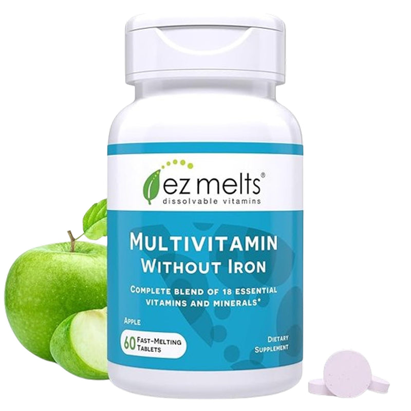 EZ Melts Multivitamin Without Iron - Daily Supplement with 18 Vitamins & Minerals - Contains Vitamin C, Folate, Biotin & More - Non-GMO & Vegan - Apple - 60 Dissolvable Tablets (30 Servings) 60 Count (Pack of 1)
