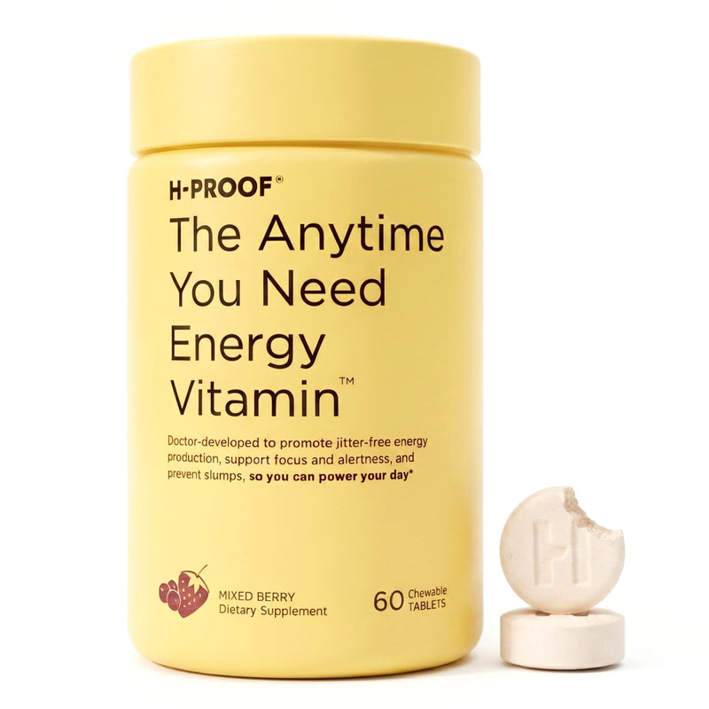 H-PROOF The Anytime You Need Energy Vitamin, 60 Chewable Tablets | 30 Servings, Science-Supported Energy & Focus, Jitter-Free Caffeine, Citicoline, L-Tyrosine, B Vitamins Mixed Berry