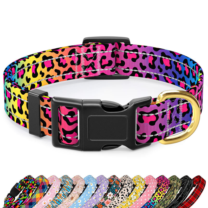 Reflective Dog Collar, Cute Leopard Style Dog Collar for Small Dogs, Soft Nylon Puppy Collar for Boy and Girl Female Dog, Adjustable Heavy-Duty Pet Collars with Quick Release Buckle, Neon Neon Leopard Print S (Neck 10-16", Width 3/4") - BeesActive Australia