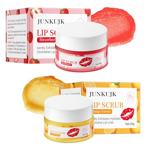 2PCS Strawberry & Orange Conditioning Lip Scrub Kit,Moisturizing Lip Sleeping Mask Long Lasting Hydrating Lip Scrubber Exfoliator Lip Care Products for Men & Women A