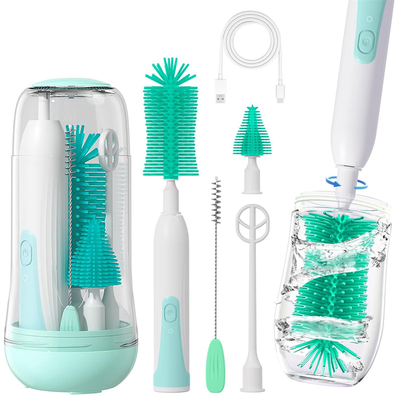 Electric Bottle Brush Cleaner, Electric Baby Bottle Cleaner with Replaceable Silicone Bottle Brushes,Nipple and Straw Brush, Travel Bottle Brush Set with Drainage Rack and Storage Box Green - BeesActive Australia