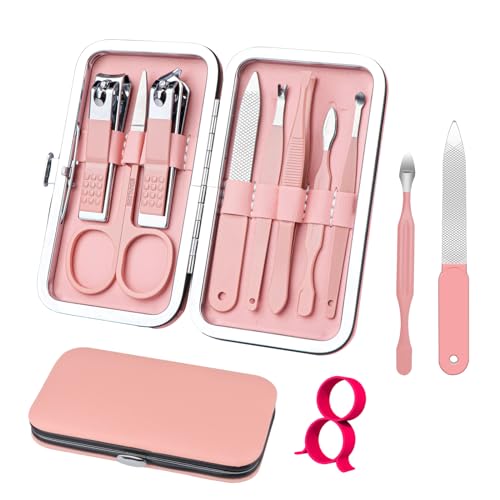 Manicure Set 8 in 1 Nail Clipper Set,RedFlow Nail Clippers,Fingernail & Toenail Clippers,Manicure Tools,Pedicure Tools,Suitable for Travel Manicure Kit,Nail Set Kit with Everything Profe (Pink) Pink