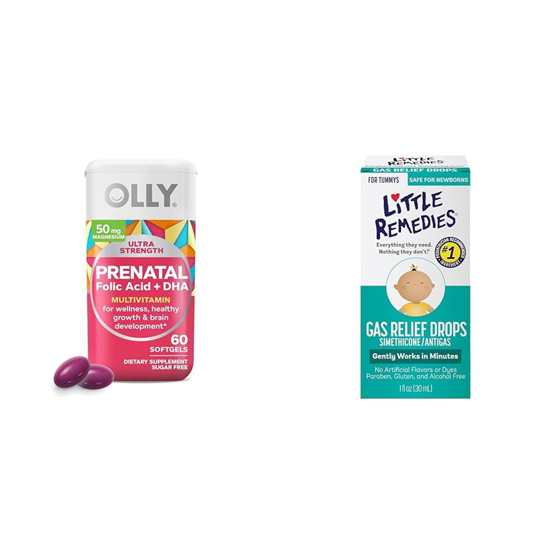 OLLY Prenatal Multivitamin Softgels for Healthy Pregnancy + Little Remedies Gas Relief Drops for Infant Tummy Pain, 60 Count Soft Gels + Drops - BeesActive Australia