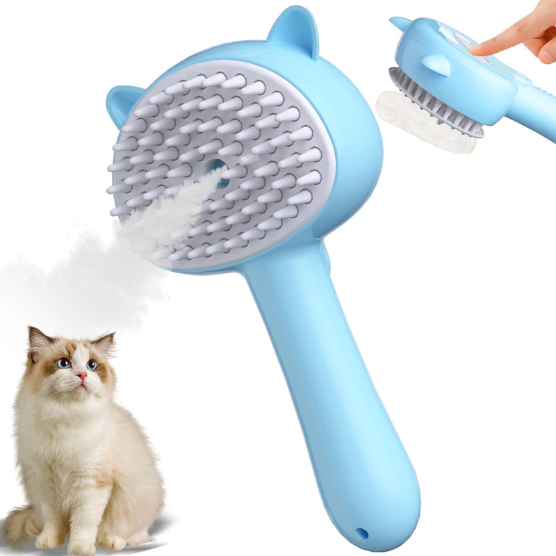 Cat Steam Brush, 4 in 1 Steamy Cat Brush with Handle, Rubber Pet Misting Brush with Release Button, Spary Dog Comb with Cleanser for Indoor Kittens Small Animals(Blue) Blue - BeesActive Australia