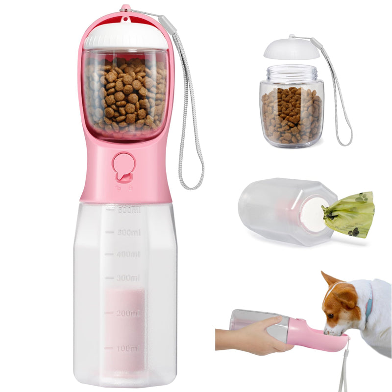 Dog Water Bottle with Filter, Portable Travel Dog Water Dispenser with Food Container & Dog Poop Bags Rolls, Leak Proof, Machine-Wash, Food Grade Plastic - Cycling & Long Flight (Pink, 20 oz) Pink - BeesActive Australia