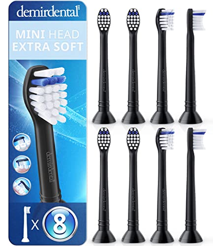 demirdental Mini Extra Soft Replacement Brush Heads Compatible with Philips Sonicare – Small Black Toothbrush Heads for Very Sensitive Teeth & Gums – Replaces HX6088eb – 8 Pack 8 Count (Pack of 1)