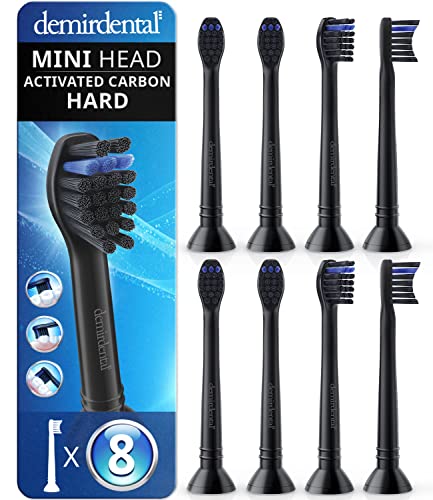 demirdental Charcoal Mini Hard Replacement Brush Heads Compatible with Philips Sonicare – Small Hard Brush Precision Cleaning - Black - Replaces HX4088B – 8 Pack 8 Count (Pack of 1)