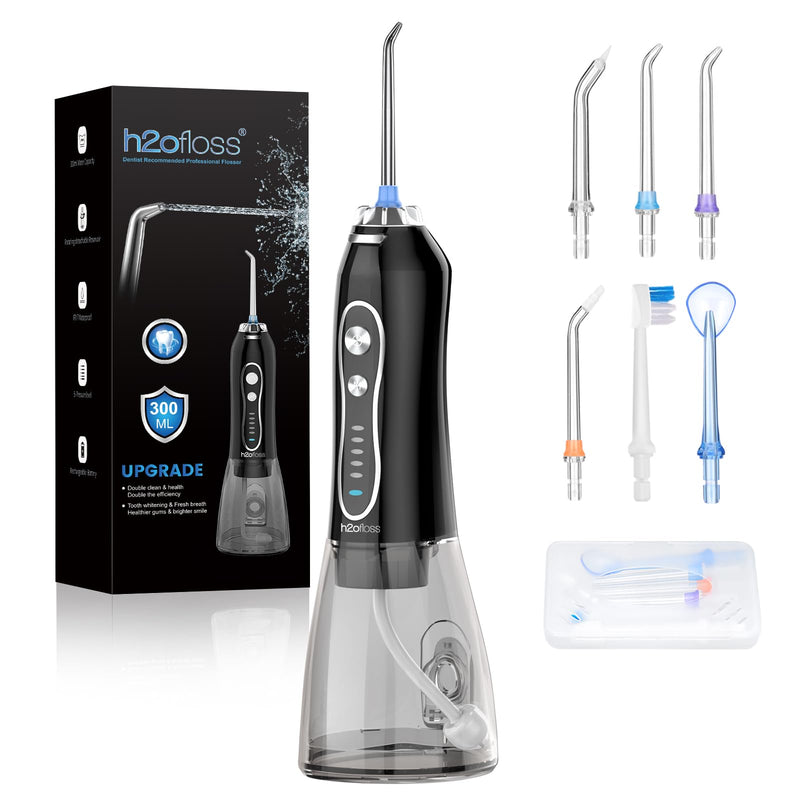 H2ofloss Water Dental Flosser Teeth Pick -Portable Oral Irrigator with 5 Modes, Rechargeable IPX7 Waterproof Orthodontic Teeth Cleaner Pick Cordless for Home Travel-300ml Water Tank Black
