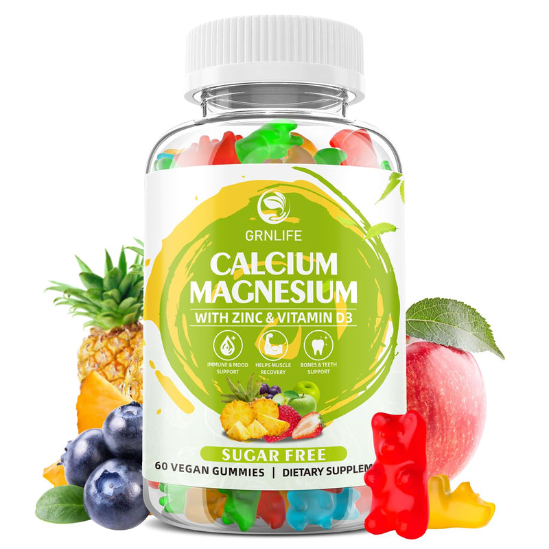Calcium Magnesium Zinc Supplement with Vitamin D3, Sugar Free Calcium Gummies for Women Men, High Potency Magnesium Gummies for Bone & Muscle & Immune Health, Mixed Flavors - 60 Count Mixed Fruit 60 Count (Pack of 1)