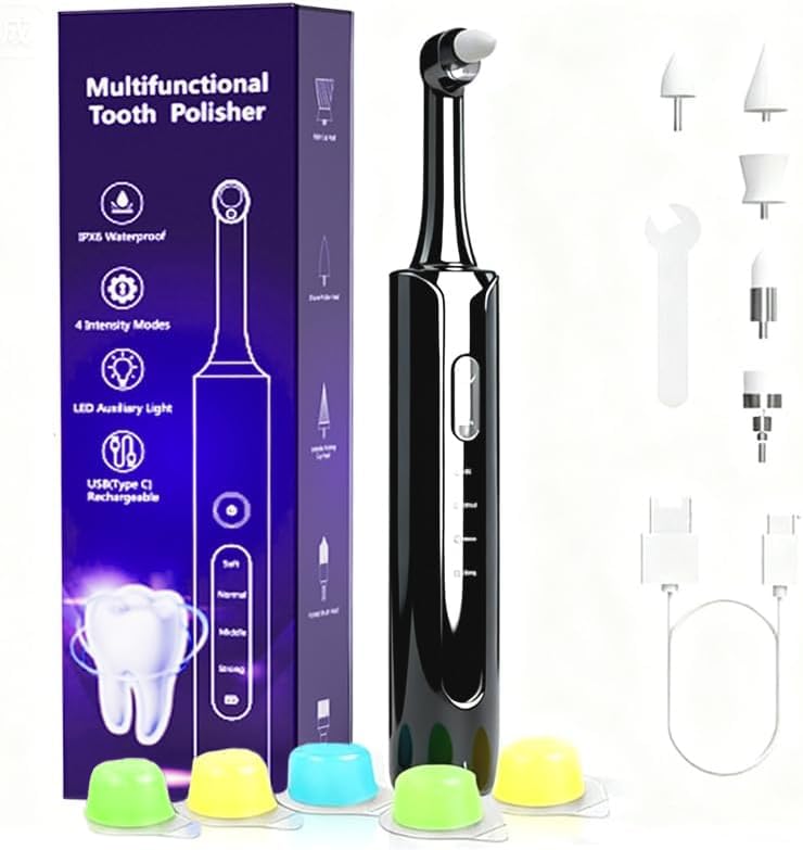 Electric Tooth Polisher, Plaque Remover for Teeth Whitening, Teeth Polishing Kits 4 Speed Modes，Rechargeable Dental Polisher for Cleaning, Waterproof Tooth Polish Tools with 5 Brush Heads& LED Light - BeesActive Australia