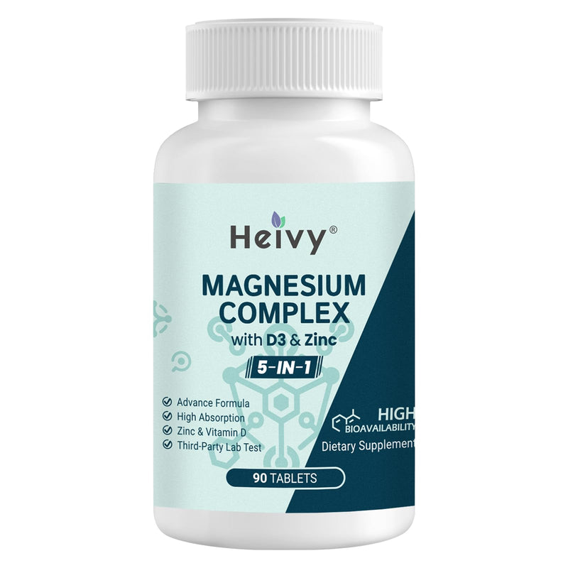 Heivy Magnesium Complex 2 Pack, Magnesium Glycinate, Citrate, Malate, Oxide, Gluconate with Zinc and Vitamin D3, Magnesium Supplement for Muscle, Nerve, Heart, Bone Support, High Absorption Unflavored 90 Count (Pack of 2)
