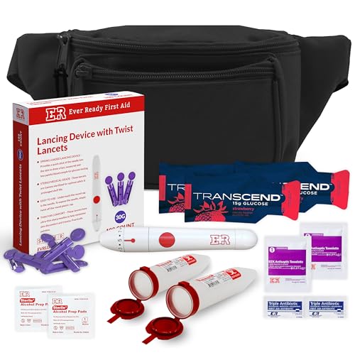 Ever Ready First Aid Diabetic Fanny Pack Kit - Includes BZK Antiseptic Towelettes, Adhesive Bandages, Lancing Device, Sharp Container, Portable Emergency Supplies for Diabetes Care