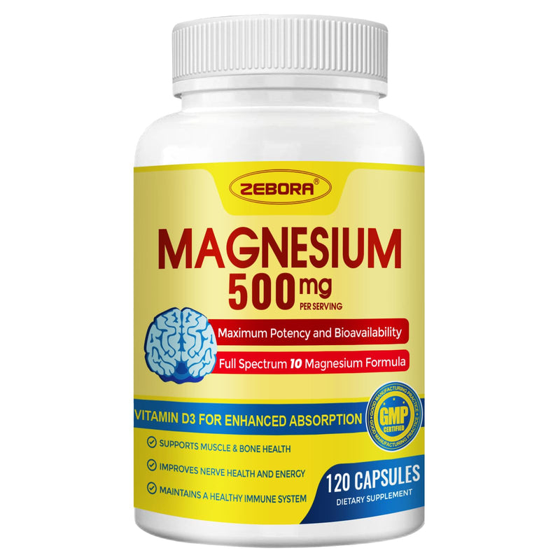 ZEBORA 10-in-1 Magnesium Glycinate Complex 500mg, 120 Capsules | Chelated High Absorption with Citrate, Malate, Vitamin D3, and Zinc for Nerve, Muscle, and Bone Health Support 120 Count (Pack of 1)
