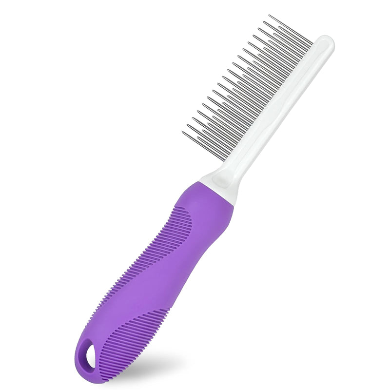 Detangling Pet Comb for Dog & Cat, Grooming Comb with Long & Short Stainless Steel Teeth, Safely Remove Knots & Tangles for Healthy Shiny Coat, Gentle Effective Detangling Tool for Pet Hair (Purple) Purple - BeesActive Australia