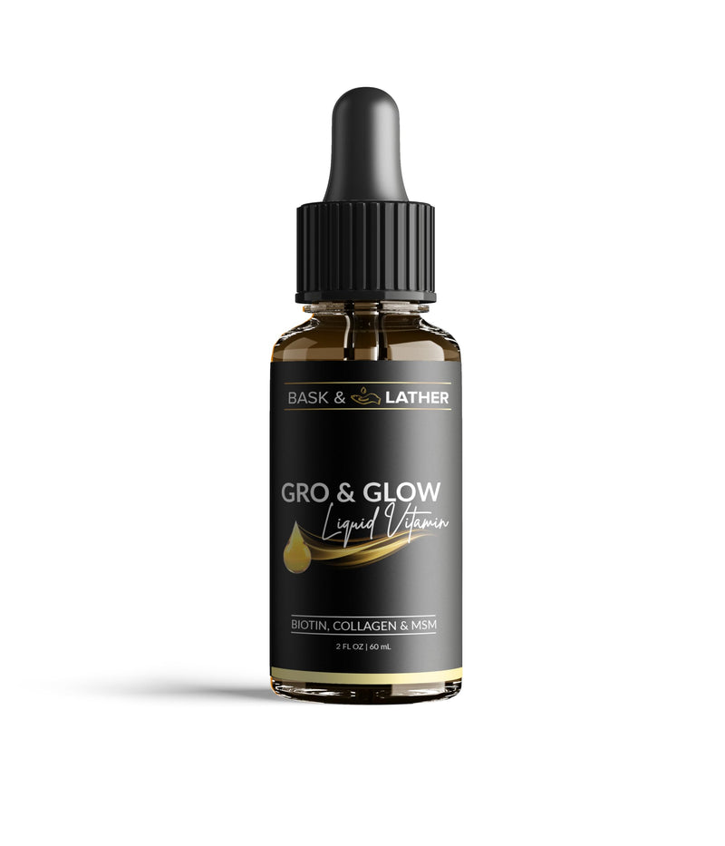 BASK & LATHER GRO & Glow Liquid Vitamin, Liquid Collagen for Women, Natural Ingredients with Collagen, Biotin, Msm, Beauty Supplement, Helps Support Healthy Hair, Skin & Nails, Cherry Flavor, 2 FL Oz