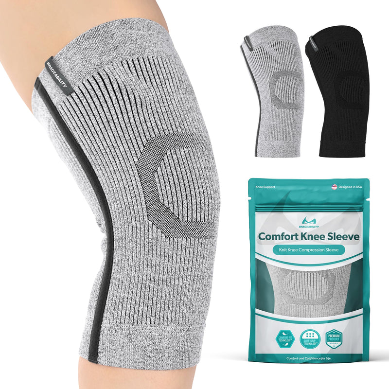 BraceAbility Knee Compression Sleeve - Knit Knee Pain Brace for Men or Women, Arthritis Relief, Meniscus Tear, Running, Workout, Sports, Swelling, Athletic Support for Joint Stability (XL/2XL Gray) XL/2XL - BeesActive Australia