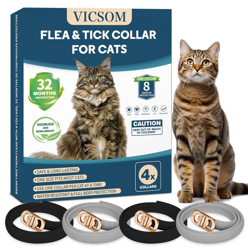 4 Pack Flea Collar for Cats, Cat Flea and Tick Collar 32 Months Cat Flea and Tick Treatment Collar, Waterproof Adjustable Cats Kitten Flea Collar, Tick and Flea Prevention Collar for Cat, Black Grey Black & Grey - BeesActive Australia