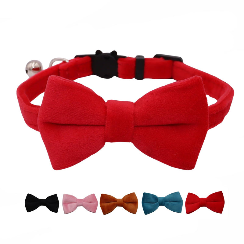 Cat Collar Breakaway with Bell and Removable Bow Tie Safety Buckle Velvet Adjustable 7-11 inches for Kitten Cats (Red) Red - BeesActive Australia