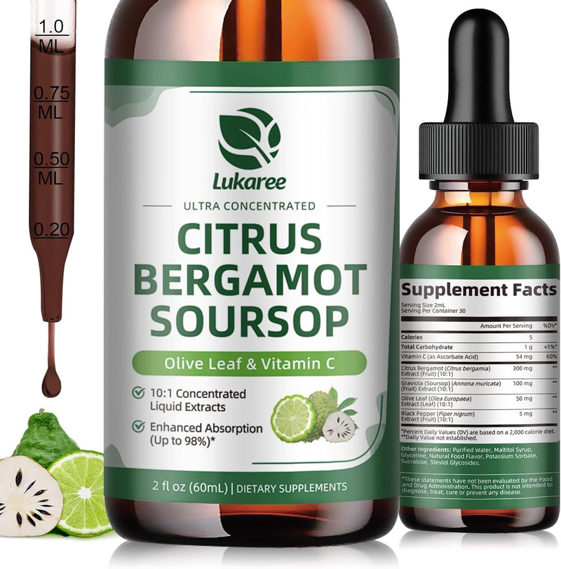 Citrus Bergamot Liquid Drops - Natural Supplement with Soursop, Red Yeast Rice, Garlic, Olive Leaf, Black Pepper - High Absorption - Support Overall Wellness* - Soursop Bitters Liquid, 2 Fl Oz - BeesActive Australia
