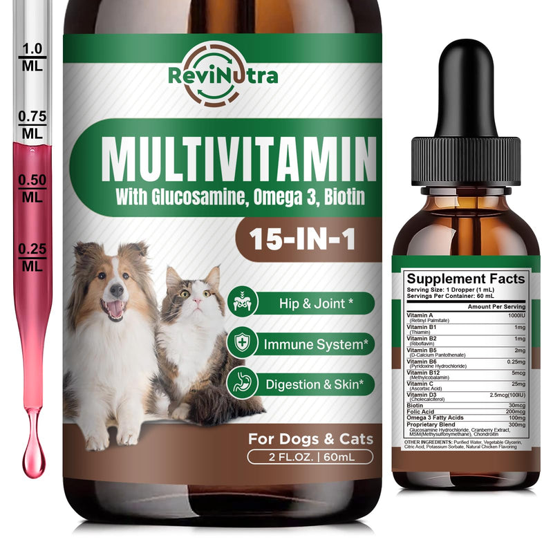 Dog Vitamins and Supplements - Dog Multivitamin Liquid Drops, 15 in 1 Pet Vitamins Supplement for Dogs & Cats - Support Joint, Gut, Immune, Digestion, Heart, Skin & Coat, 2 Fl Oz - BeesActive Australia