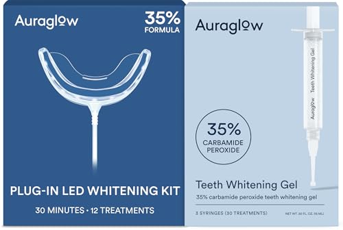 Auraglow Wired LED Teeth Whitening Kit & 35% Carbamide Peroxide Teeth Whitening Gel Refill Pack, 42 Whitening Treatments, Whiten Up to 10 Shades