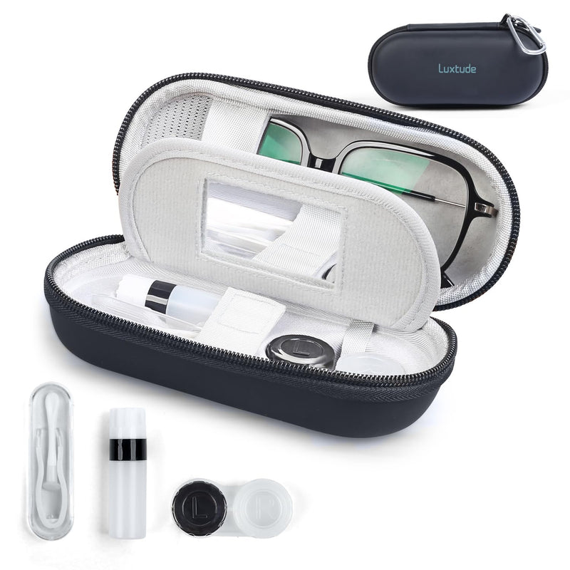 Luxtude Contact Lens Case, Cute Glasses and Contact Case 2 in 1, Built-in Mirror & Tweezers & Contact Lense Solution Bottle, Double Layer Travel Contacts Cases for Well Protection, Black
