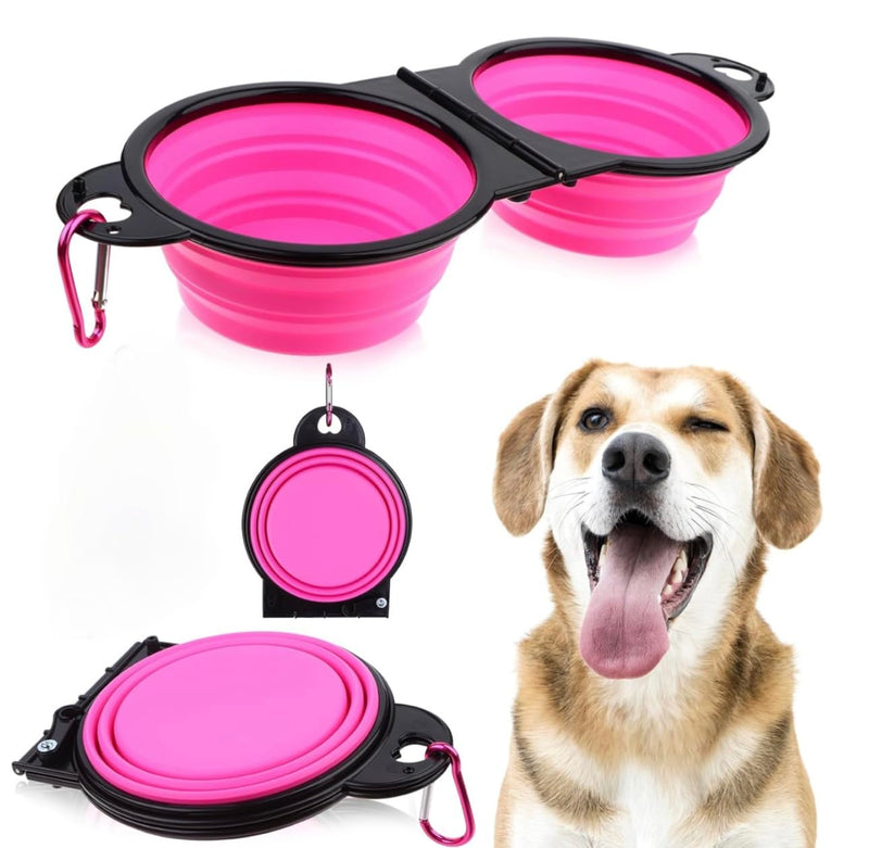 Collapsible Dog Bowls, Portable Travel Pet Feeder Bowl, 2 in 1 Expandable Silicone Pet Food & Water Double Bowl, Cat Feeder Dish with Carabiner for Walking, Traveling, Hiking, Camping, (Pink) - BeesActive Australia
