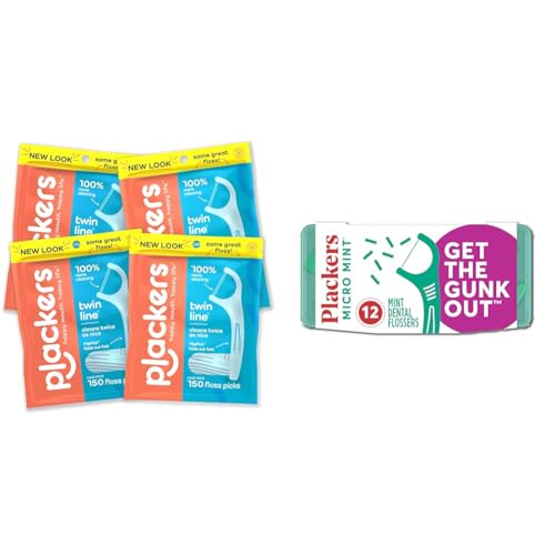 Plackers Dental Flossers Twin-Line 600 Count (Pack of 4) and Micro Mint Floss Picks 12 Count Travel Case Bundle
