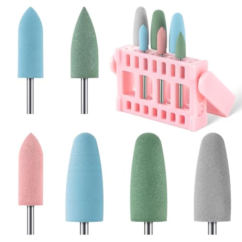 MelodySusie 6Pcs Polish Pedicure Nail Drill Bits with 16 Holes Bits Holder Set, Silicone Rubber Drill Bit for Pedicure Manicure Gel Grinding and Polishing, Pink Polish Bits with Pink Holder