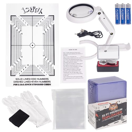 Sports Card Grading Kit,Card Grading Centering Tool Set,LED Magnifying Table Lamp,High Intensity Magnifying Loupe, Microfiber Cloth,Gloves,Soft Sleeves,Card Holders,Batteries