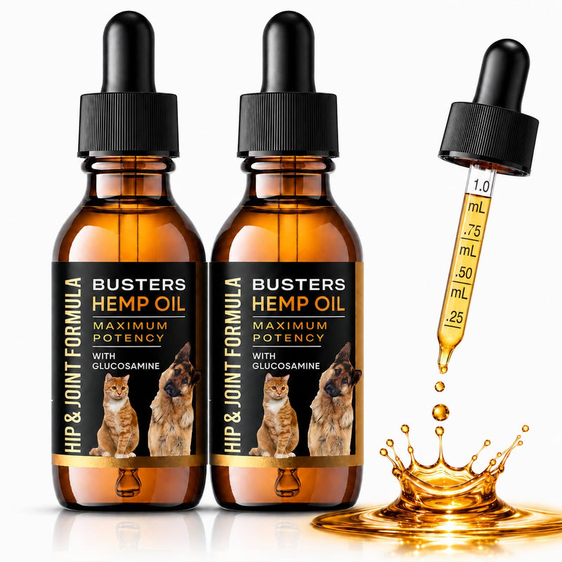 Busters Hemp Oil for Dogs with Glucosamine 2-Pack Dual-Action Joint Support + Calming,100mg Glucosamine + Organic Hemp Oil with Omega 3 6 9 — Bacon Flavor, Third-Party Lab Tested — Made in USA