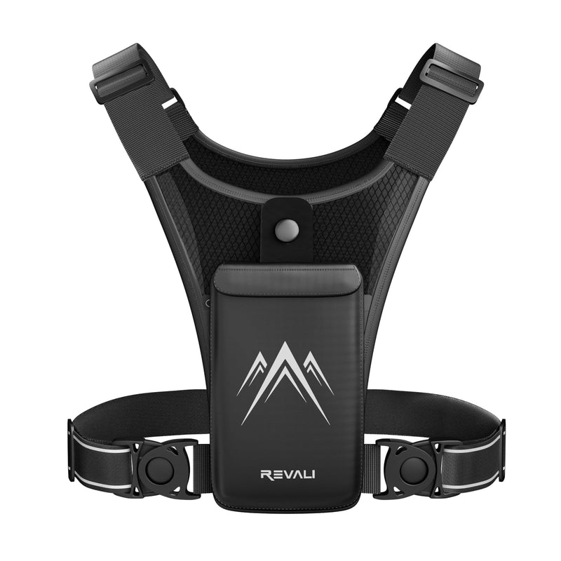 REVALI Running Vest for Men Women, USA Patent, Ultralight Reflective Running Vest Phone Holder Chest Pack for Hiking Cycling Black